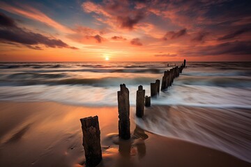 horizontal image of a long exposure photo of an old pier at sunset AI generated