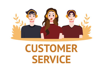Customer service concept. People with headsets. Vector illustration in flat style