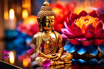 Fototapeta premium Vesak day Buddhist lent. Concept Buddha birthday with water lily or lotus flower