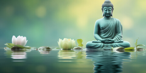 Concept statue Buddha with water lily or lotus flower. Vesak day birthday banner, Buddhist lent.