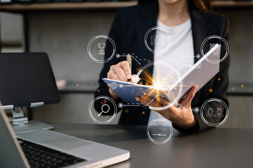 Person who attends online lessons on a virtual screen tablet. E-learning education and online webinar. Education internet Technology. .