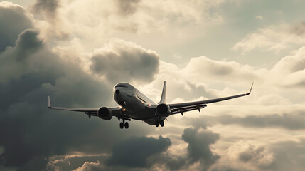 Fototapeta na wymiar Beautiful photo of airplane on sunset symbolizing freedom of movement. Concept of air transportation