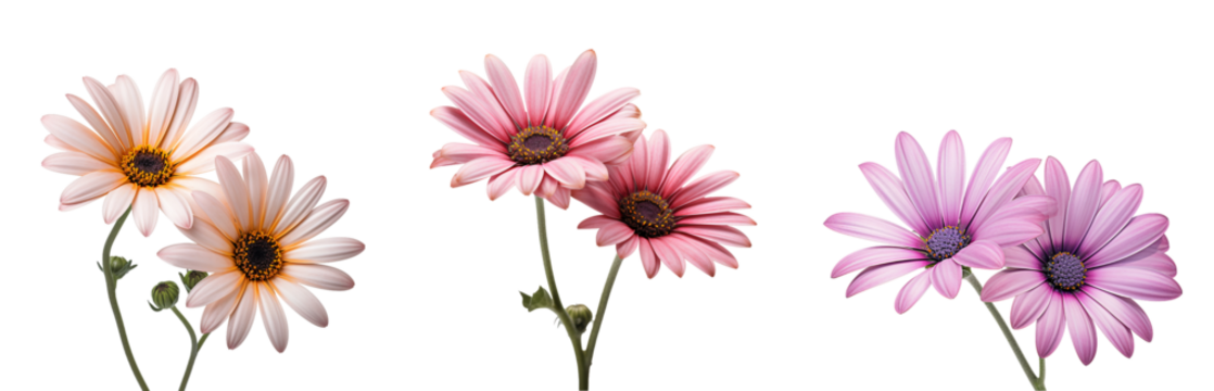 Very close-up view of daisies with detailed like flower stalk, pistil, pollen texture, isolated white background...