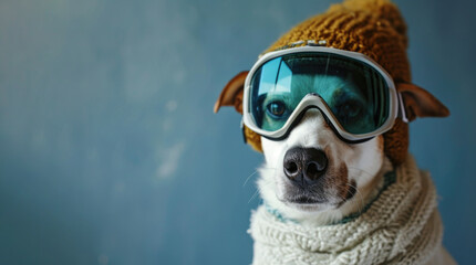 Close-up portrait of a dog wearing ski goggles and a hat