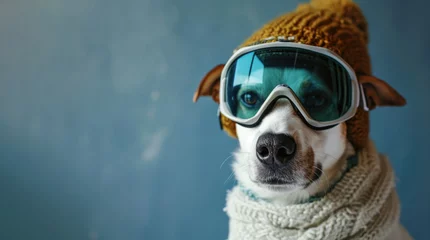 Foto op Aluminium Close-up portrait of a dog wearing ski goggles and a hat © Дмитрий Баронин