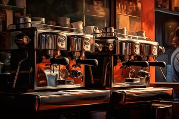 prepares espresso in his coffee shop. close-up - obrazy, fototapety, plakaty