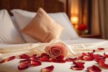 Fototapeta na wymiar Rose on the bed in the hotel rooms. Rose and her petals on the bed for a romantic evening, red rose and candle