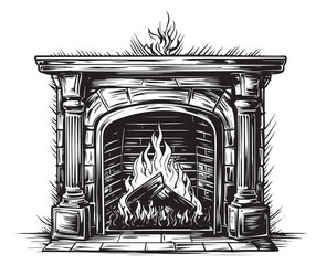 Fireplace vintage set sketch drawn in hand graphic style Vector