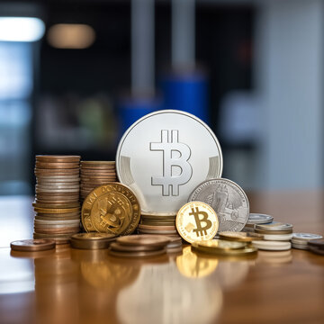 Image of the stack of golden coins with  Bitcoin sign. cryptocurrency and financial concepts.
