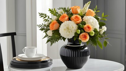 A glamorous display of mixed flowers in a chic black-and-white ceramic vase, adding a touch of sophistication to any space.
