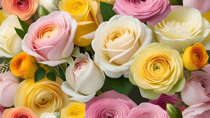 An artfully designed bouquet of pastel-colored roses and ranunculus, exuding a timeless charm in high-resolution detail.
