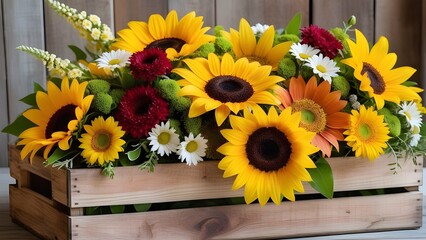 An HD image of a mixed bouquet featuring bold sunflowers, elegant snapdragons, and whimsical daisies, arranged in a rustic wooden crate.
