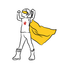 Kid daughter child playing super hero. Hand drawn line art drawing vector illustration