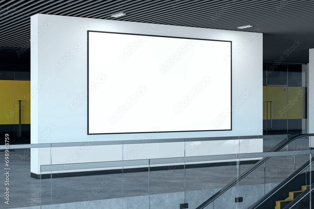 Poster modern underground interior with escalator and empty white mock up poster on wall. 3d rendering.