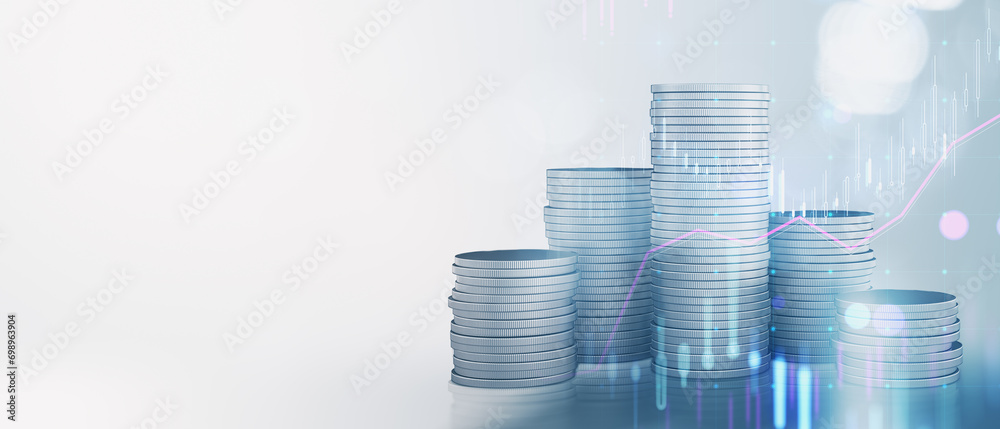 Poster Abstract stacked coins and forex chart on wide light background with mock up place and bokeh circles. Money and trade, savings and income concept. 3D Rendering.