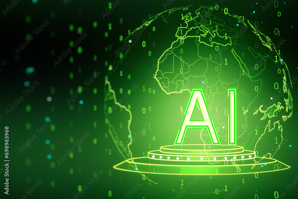 Poster Creative glowing AI hologram with globe on green background. Artificial intelligence, machine learning and chat gpt concept. 3D Rendering.