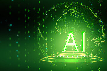 Creative glowing AI hologram with globe on green background. Artificial intelligence, machine...