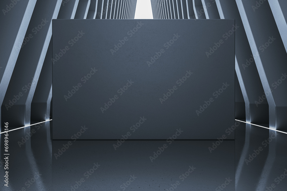 Poster Modern futuristic gray hallway interior with reflections with blank mock up place. Spaceship concept. 3D Rendering.