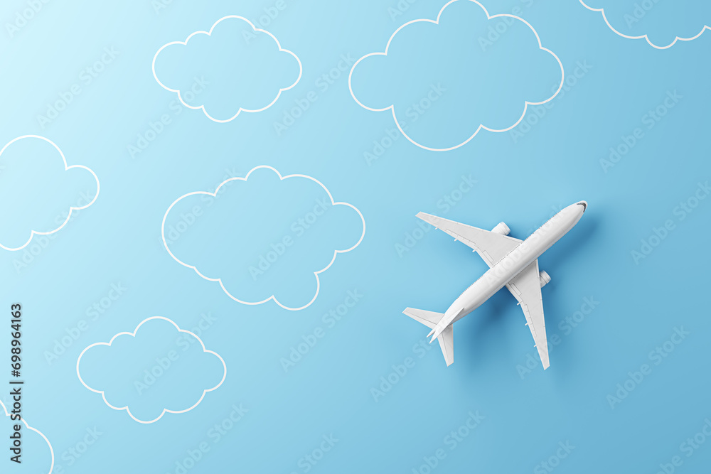 Poster creative white airplane and drawn clouds on blue background. 3d rendering.