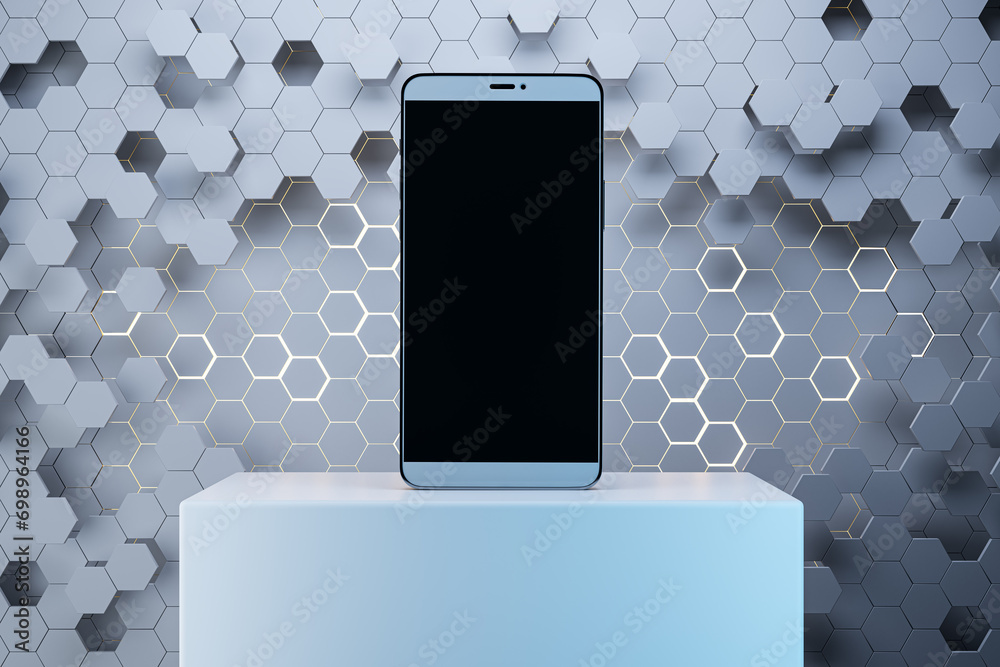 Fototapete Close up of empty mock up mobile phone with creative gray hexagonal background. Device presentation concept. 3D Rendering.