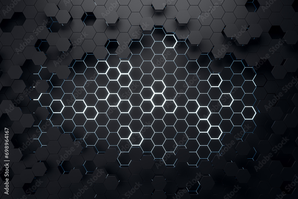 Poster Creative black hexagonal background. Landing page concept. 3D Rendering.