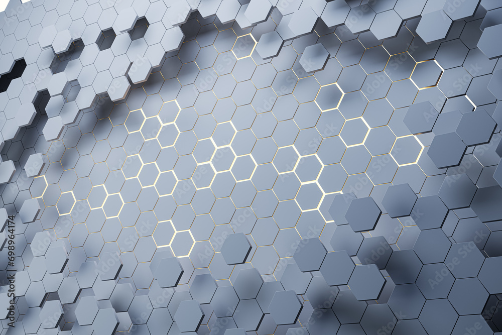 Poster Abstract gray hexagonal background. Landing page concept. 3D Rendering.