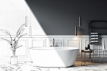 Sketch of modern gray and marble bathroom interior with various objects. Hotel and accommodation designs. 3D Rendering. - obrazy, fototapety, plakaty