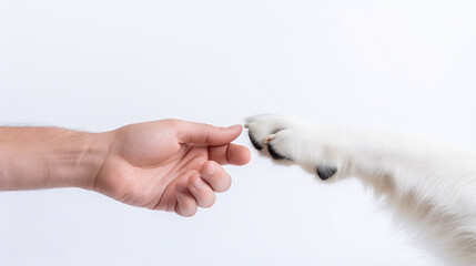 Cropped view, A man's hand greets a dog's paw on a white background