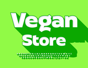 Naklejka premium Vector trendy poster Vegan Store. Bright White Font. Creative Alphabet Letters and Numbers.