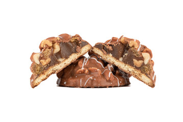 Nut cookies with boiled condensed milk covered with chocolate glaze on a white background.
