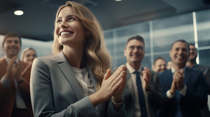 Fototapeta na wymiar a beautiful blonde woman in a business suit stands in the middle of the office among colleagues, sincerely smiles and claps her hands