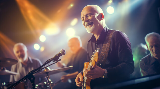 a band of older male musicians playing their hit on stage where their lead singer plays the guitar, memories of past glory and happiness on their faces