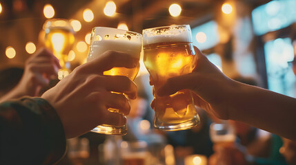 Hand holding glass of blond beer, beer tasting, brewery, people cheering, cheers, spending a moment together with friends, party, happy moment, nightclub, restaurant, cheering, family - obrazy, fototapety, plakaty