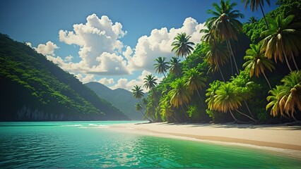 Beautiful tropical paradise beach with palm trees on hot summer day and cloudy sky. Perfect landscape background for relaxing, vacation, travel, tourism concept. Inspiring tropical summer landscape