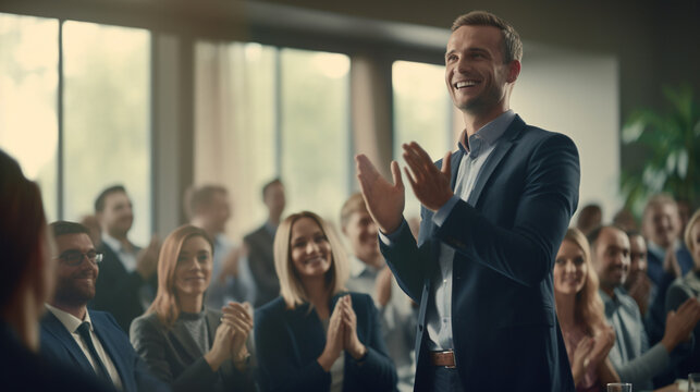 a man in a business suit stands in the middle of the office among colleagues, sincerely smiles and claps his hands after a successful speech