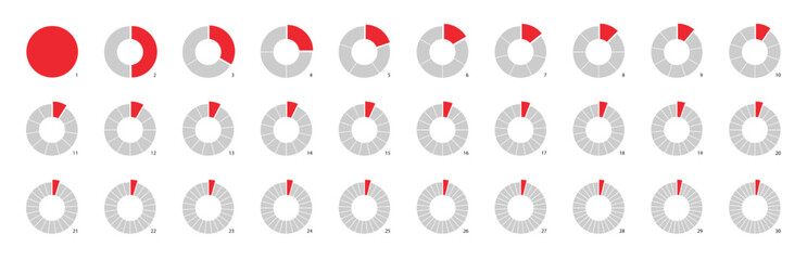 Circle pie chart as donut infographics data presentation. Charging round bar as percentage piece or part of whole. 12 and 24 segments of crossed ring. - obrazy, fototapety, plakaty
