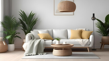 Fototapeta na wymiar living room minimalist cozy Scandinavian style. sofa, tropical plant, pillows,