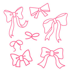 Ribbon and bow hand drawn with pink outline for element, celebration, illustration, gift and valentine. Doodle style