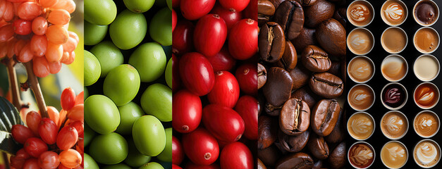 Collage with various samples of coffee nuts and seeds