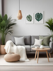 living room minimalist cozy Scandinavian style. sofa, tropical plant, pillows,