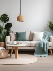 living room minimalist cozy Scandinavian style. sofa, tropical plant, pillows,