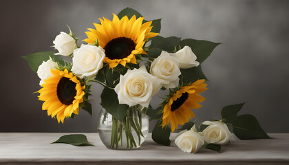 sunflowers with white roses in vase still life