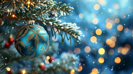 Beautiful Christmas and New years eve Background with Christmas blue ball hanging on fir tree branches. Made with generative ai