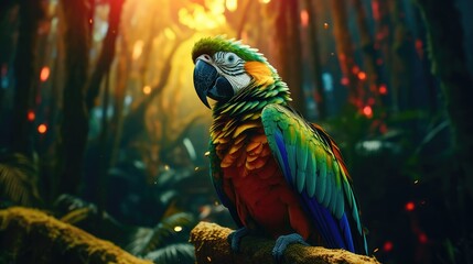 Cinematic shot of a parrot in a vibrant tropical forest, dramatic lighting emphasizing its colorful plumage and playful personality, 