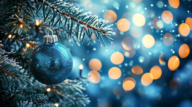 Beautiful Christmas and New years eve Background with Christmas blue ball hanging on fir tree branches. Made with generative ai