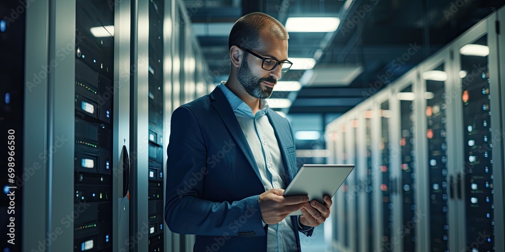 Wall mural programming, data center and a man with a laptop for maintenance, cyber security and internet check.