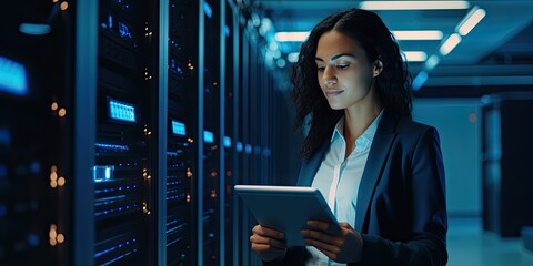 network and data center with a black woman it support engineer working in a dark server room. Computer, cybersecurity and analytics with a female programmer problem solving or troubleshooting
 - Powered by Adobe