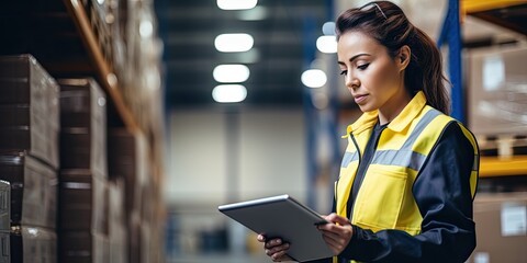 Women warehouse worker using digital tablets to check the stock inventory on shelves in large warehouses, a Smart warehouse management system, supply chain and logistic network technology concept - 698966708
