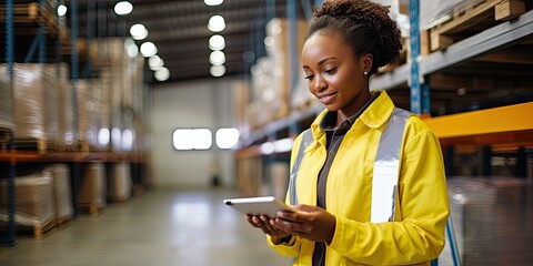 Women warehouse worker using digital tablets to check the stock inventory on shelves in large warehouses, a Smart warehouse management system, supply chain and logistic network technology concept - obrazy, fototapety, plakaty