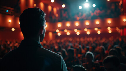 male artist performing on stage in front of a full hall of people, view from the back of the artist on the parterre of the theater - obrazy, fototapety, plakaty